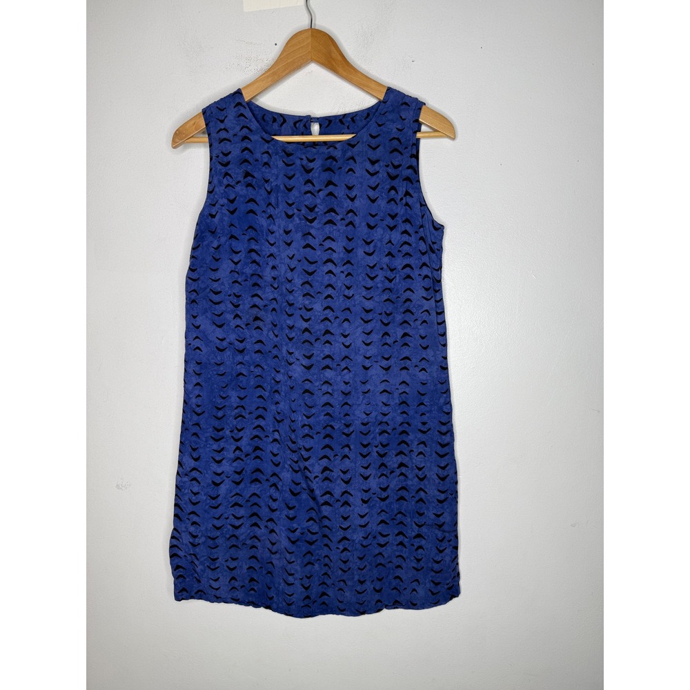 NTCO nomadic traders blue black print shift mini dress rayon size medium